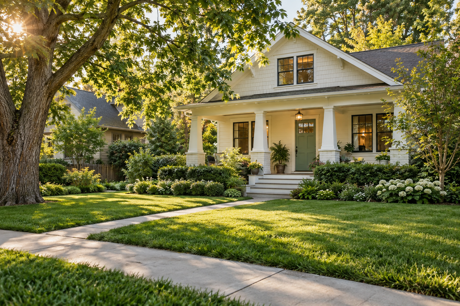 A welcoming home and freshly cared-for lawn in a leafy neighborhood